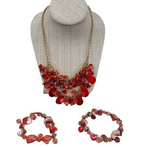 Orangish Red 20” Beautiful Necklace and Two Elastic Bracelets